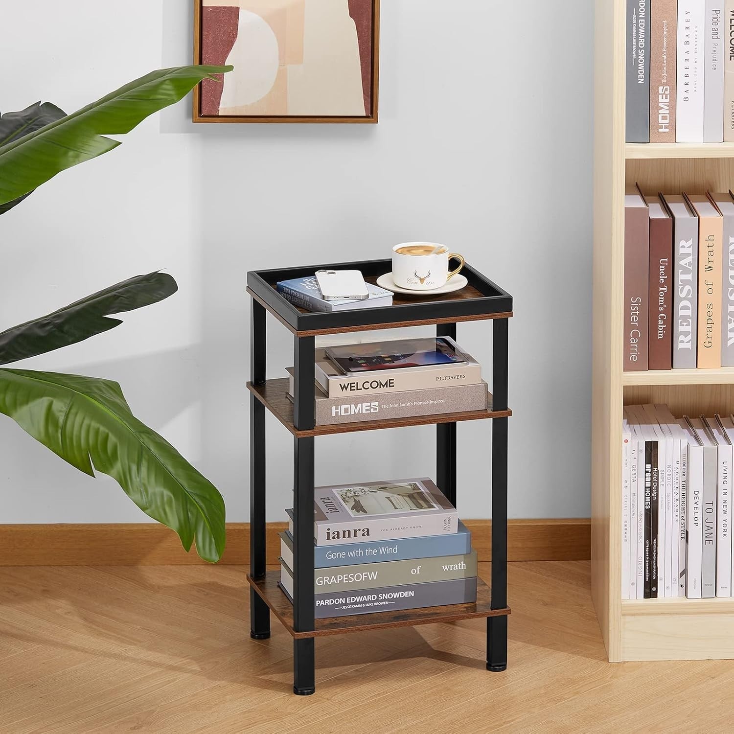 Slim 3-Tier Side Table Narrow End Table with Metal Tray & Wood Shelves