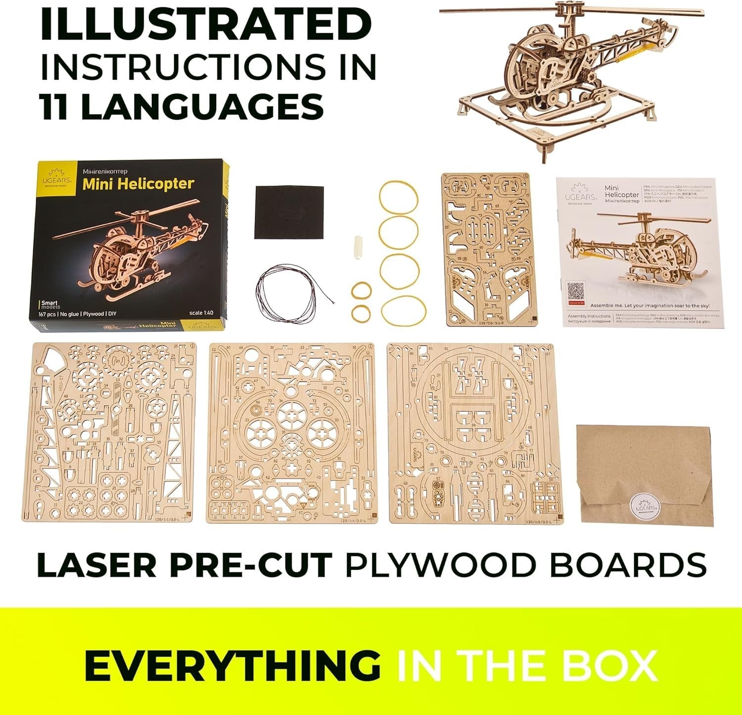 3D Wooden Helicopter Puzzle Model Kit – DIY Brain Teaser, 167 Pieces