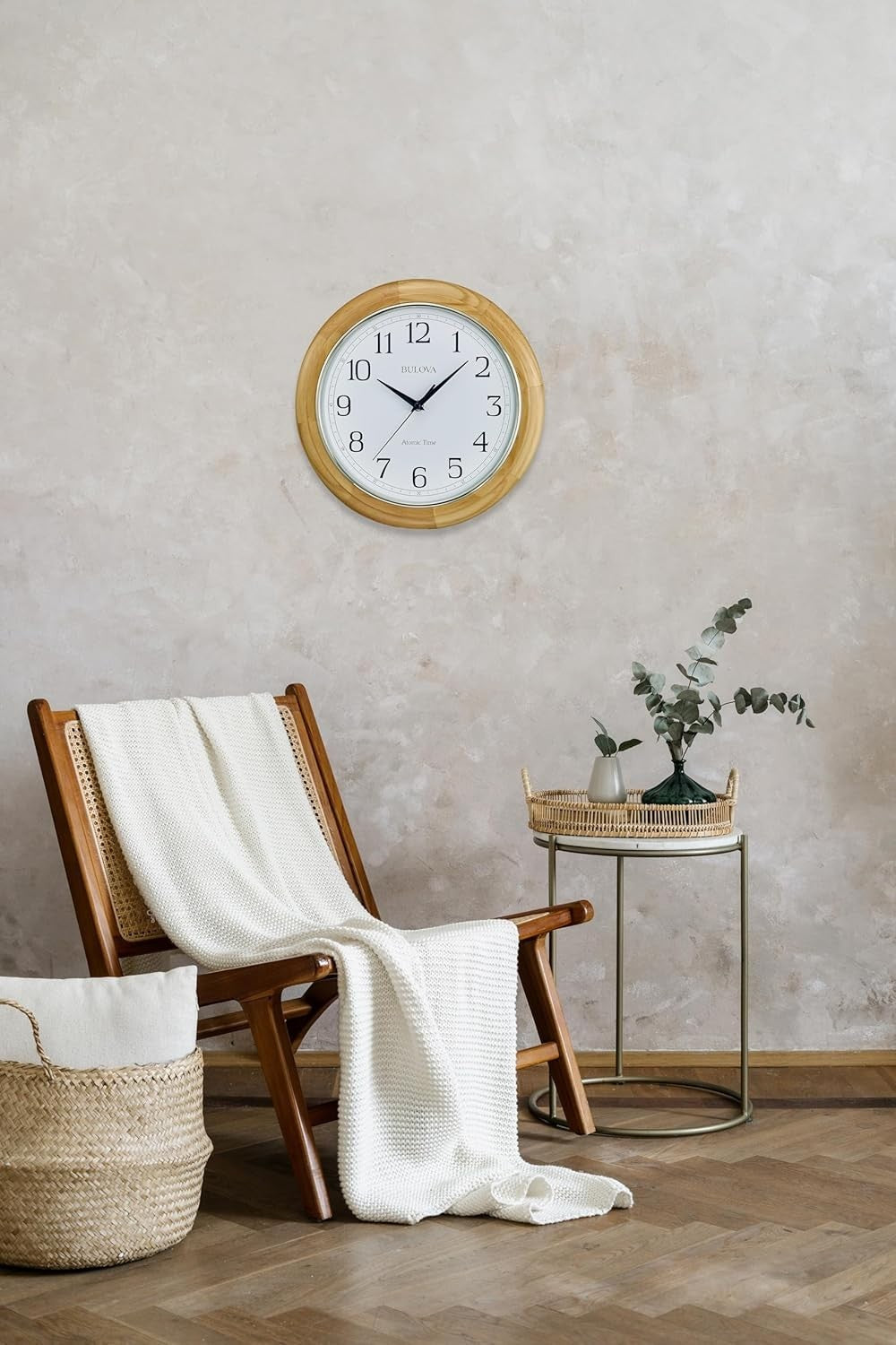 Atomic Analog Wall Clock Quartz Battery Operated Auto Time Set Natural Wood