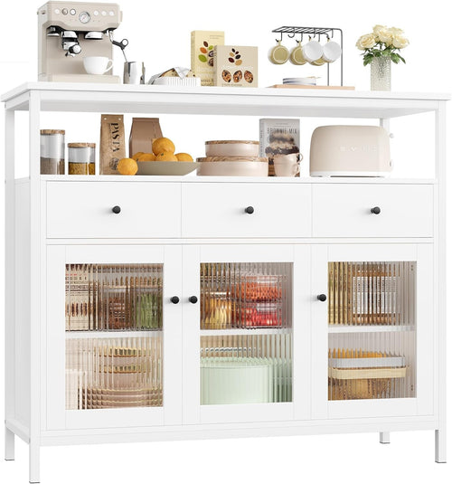 108cm White Sideboard Cabinet 3 Glass Doors 3 Drawers Adjustable Shelves