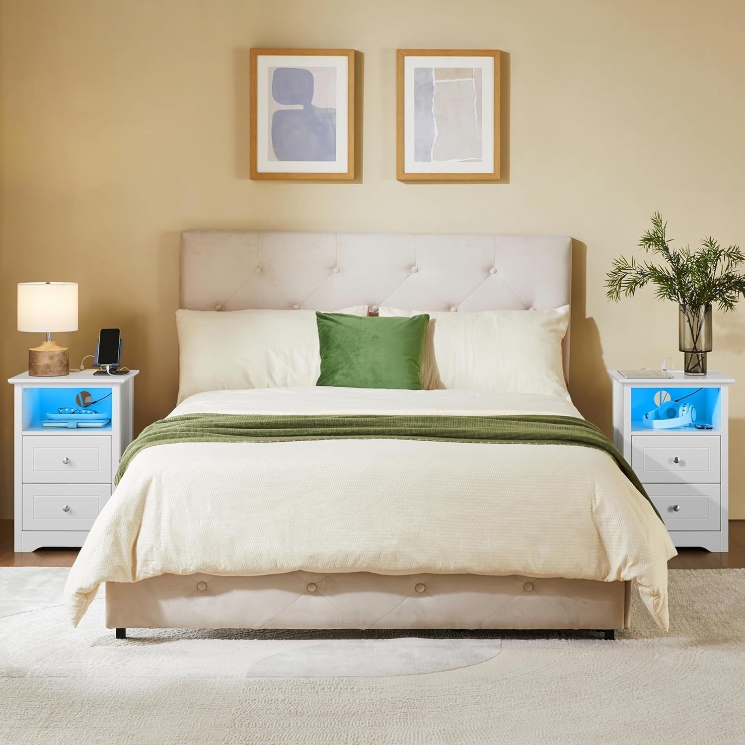 Set of 2 LED Bedside Tables with USB Charging Ports | Modern White Nightstands