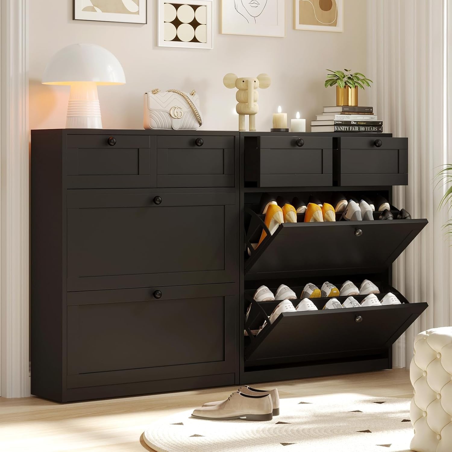 Modern Black Shoe Storage Cabinet 2 Flip Drawers & Shelves | Freestanding
