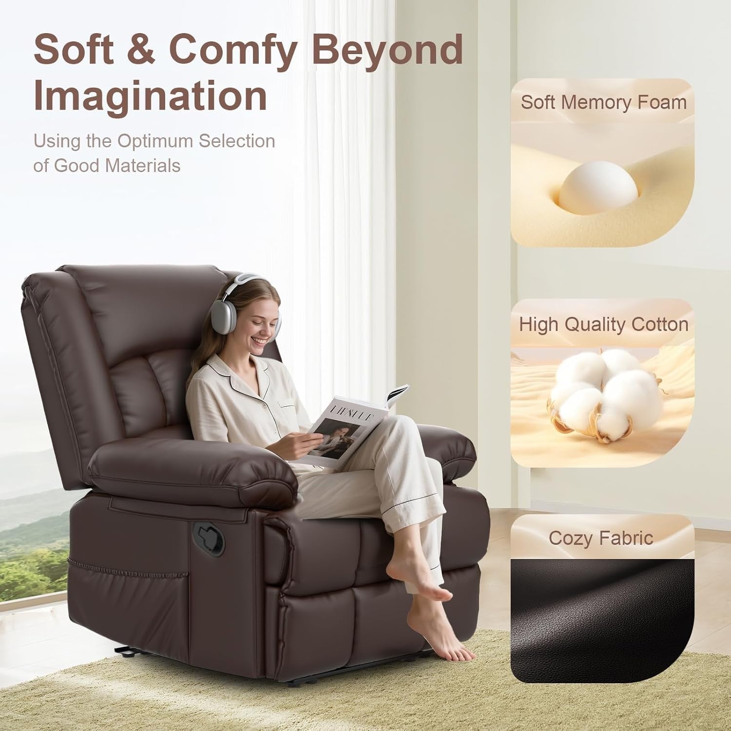 Manual Recliner Chair Massage Heat 135° Recline Footrest Dual Pockets Brown