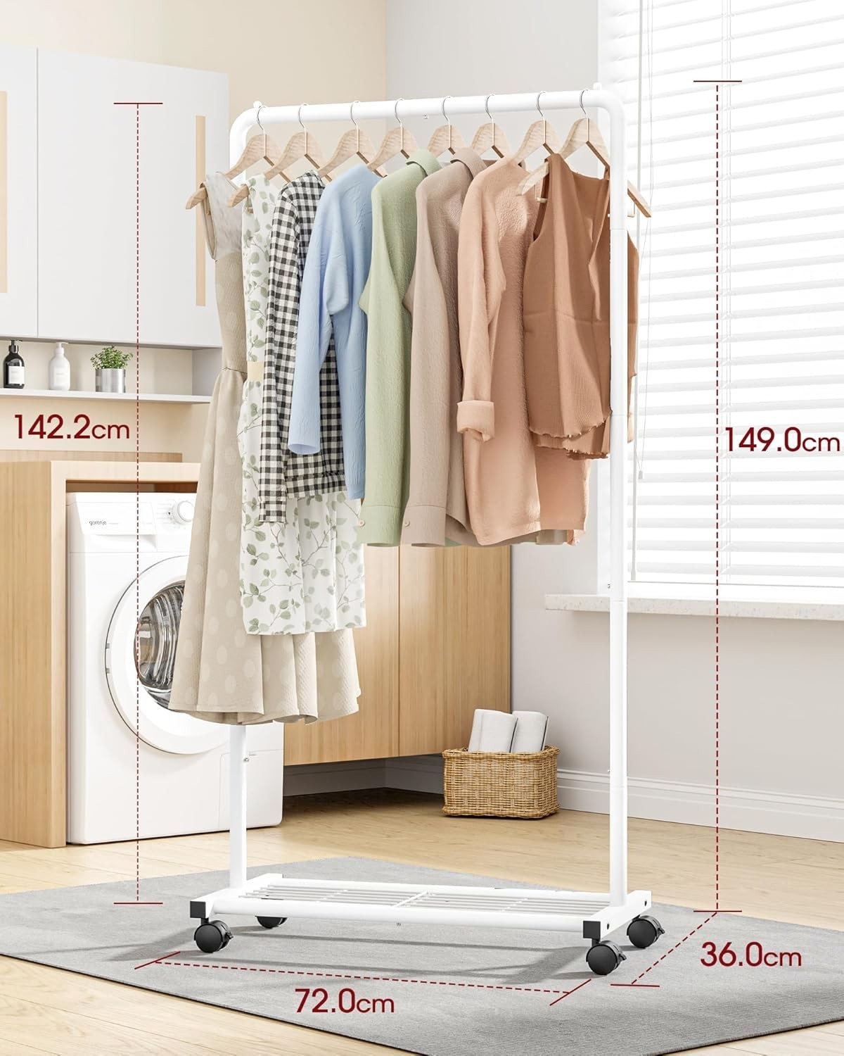 Heavy Duty Clothes Rail with Wheels & Shelf – White 72×36×149cm