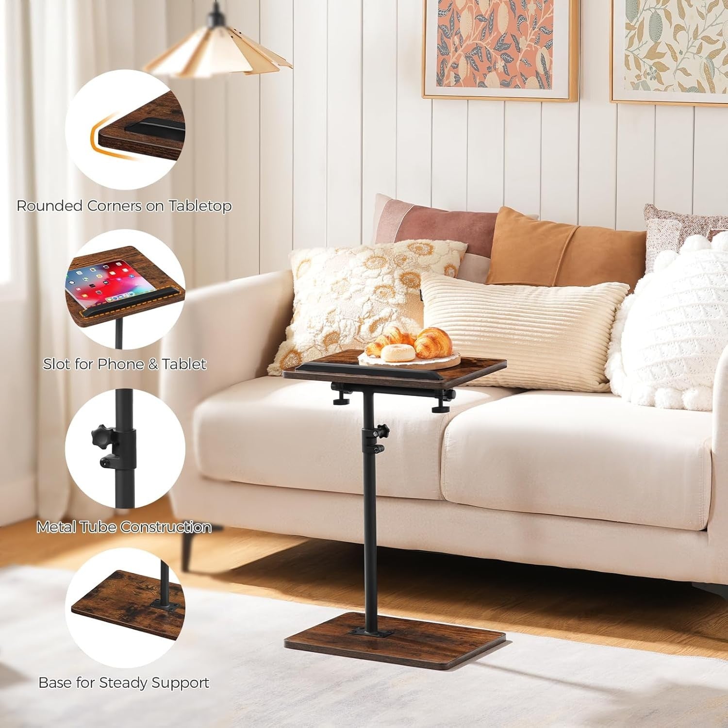 Rustic Adjustable C-Shaped Side Table 360° Rotating Tilt Top w/ Slot