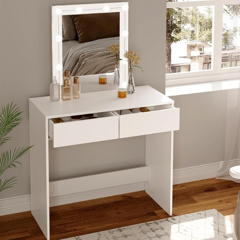 White Vanity Dressing Table with LED Mirror & Drawers for Bedroom Makeup