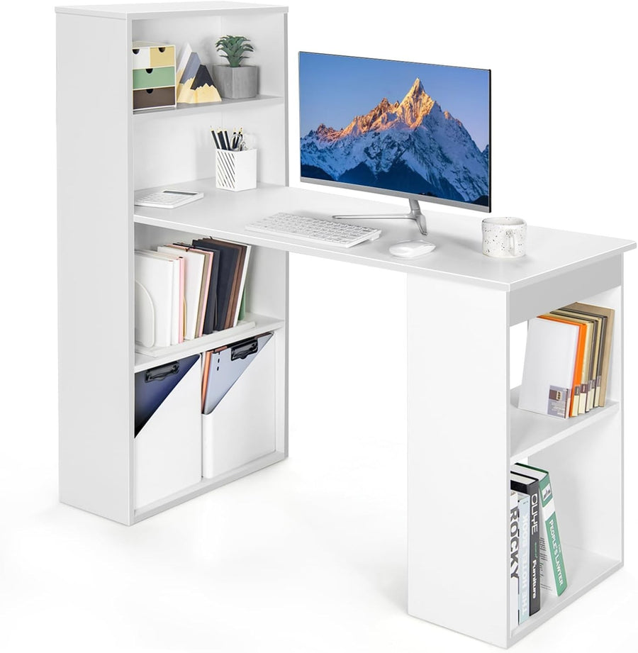 White Computer Desk 122x52cm w/6-Tier Storage Shelves, Home Office Table