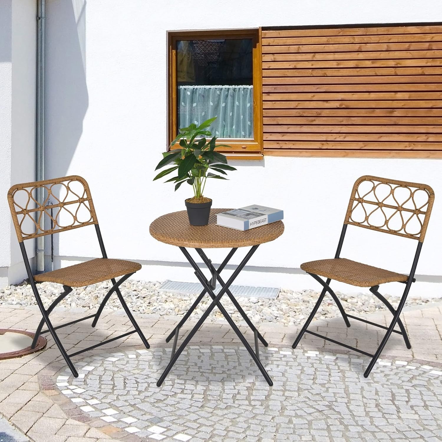 Folding Rattan Bistro Set 2 Chairs Round Table Compact Balcony Patio Set