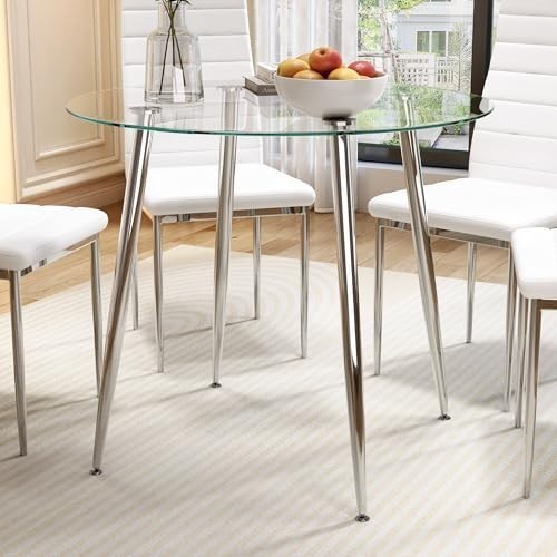 Round Glass Dining Table Silver Metal Legs Modern 80cm Kitchen Table