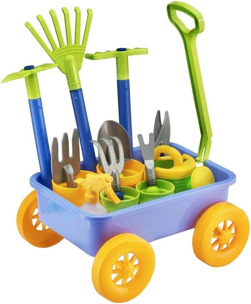60L 4-Wheel Kids Garden Wagon & Multicolour Toy Wheelbarrow with Tools Set