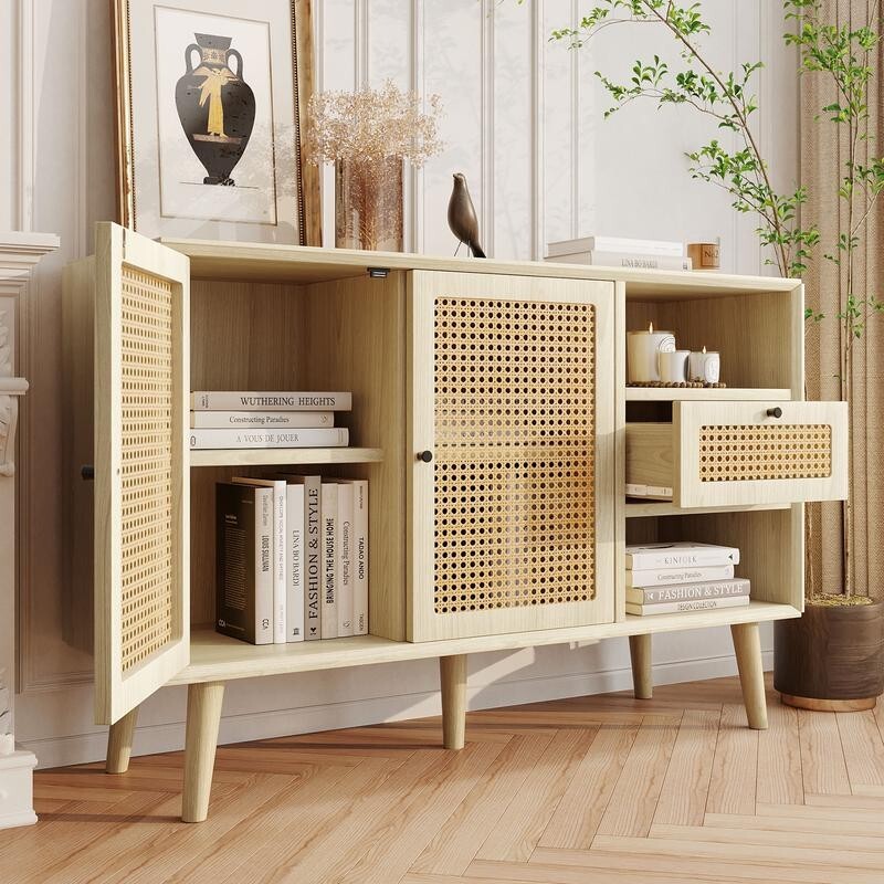 Modern Woven Rattan Sideboard Cabinet Light Wood Nordic Storage Unit