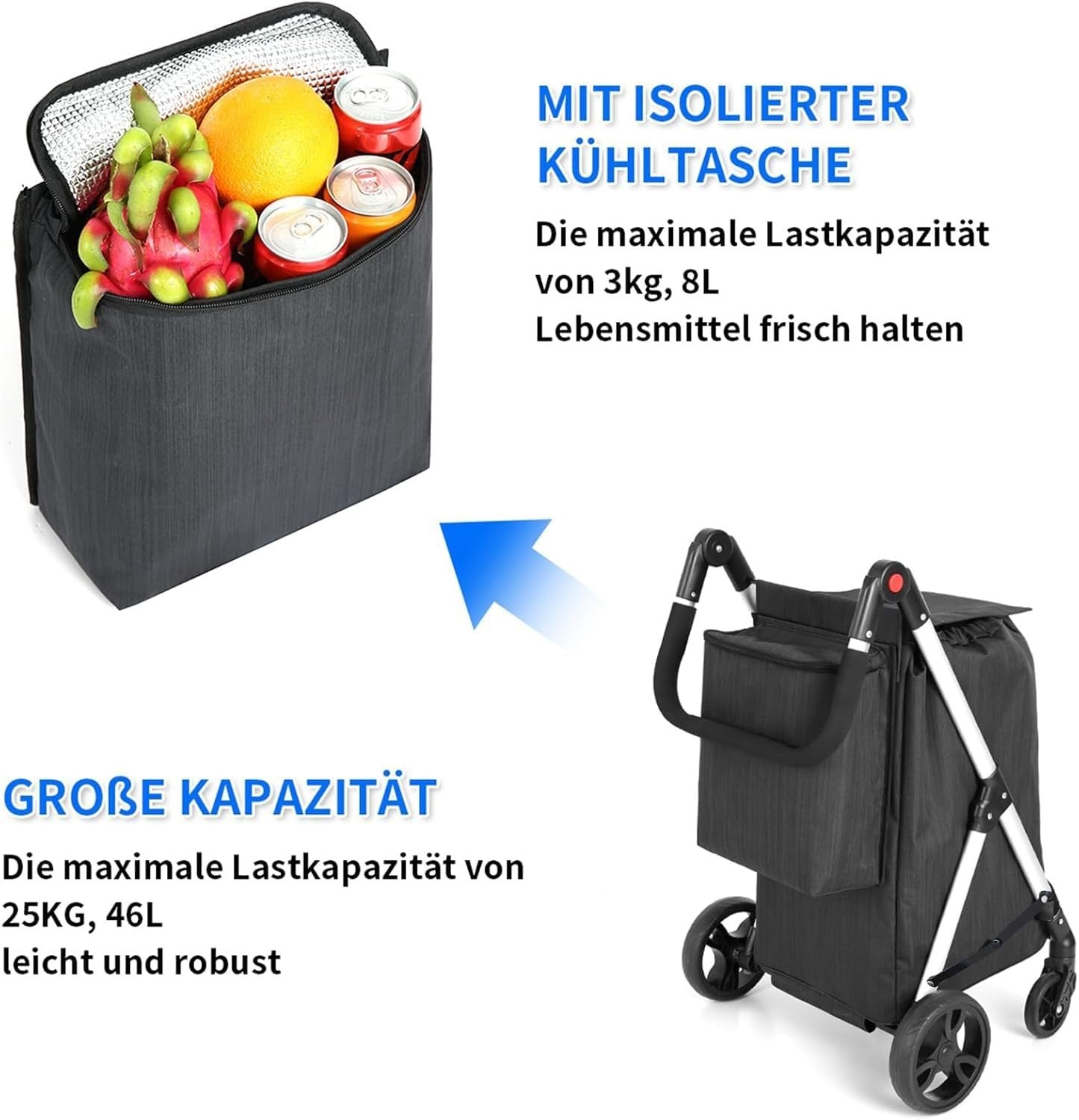 46L Folding Shopping Cart Trolley Insulated Cooler Bag Aluminum Black