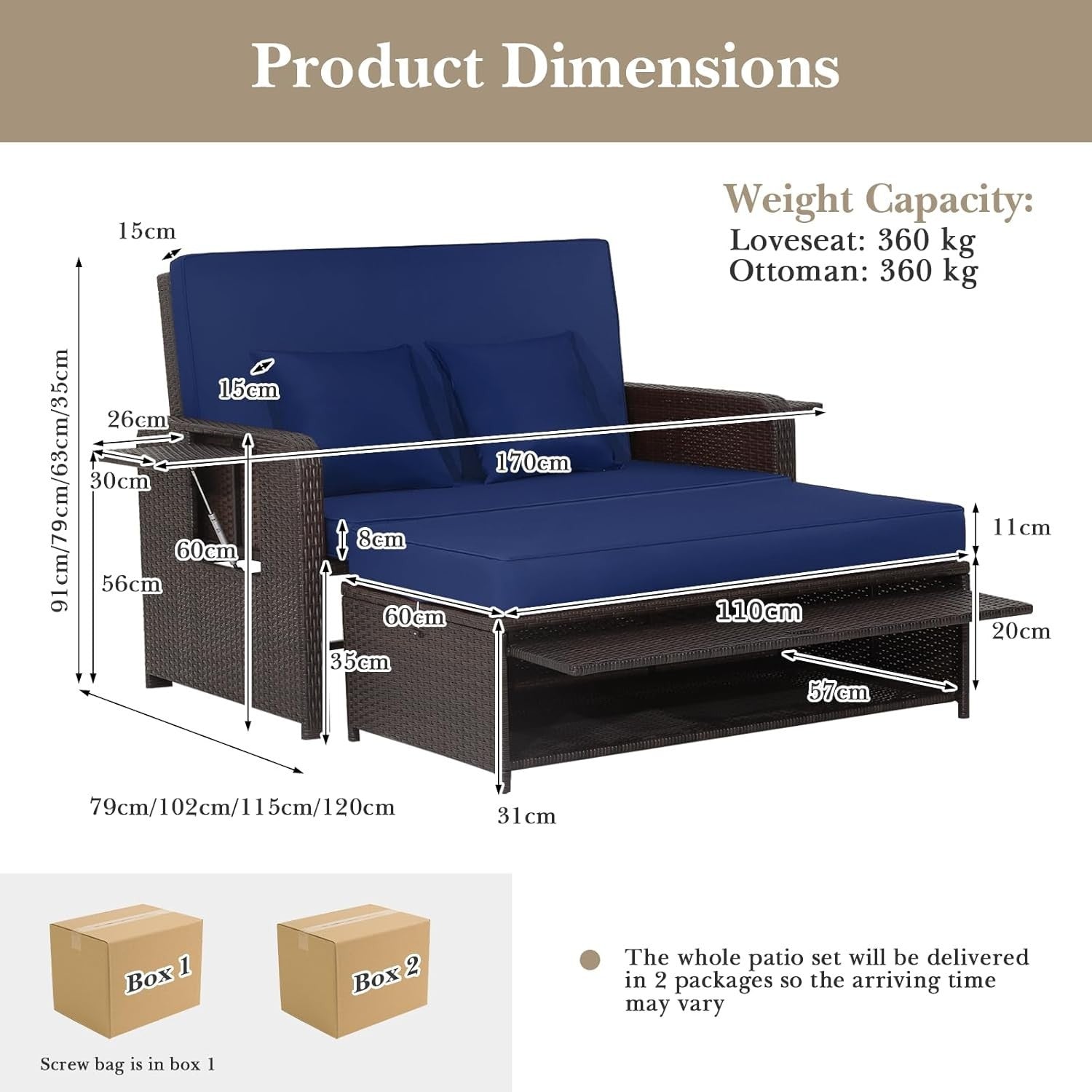 Navy+Brown 2-Seater Rattan Daybed Outdoor with Adjustable Back & Ottoman