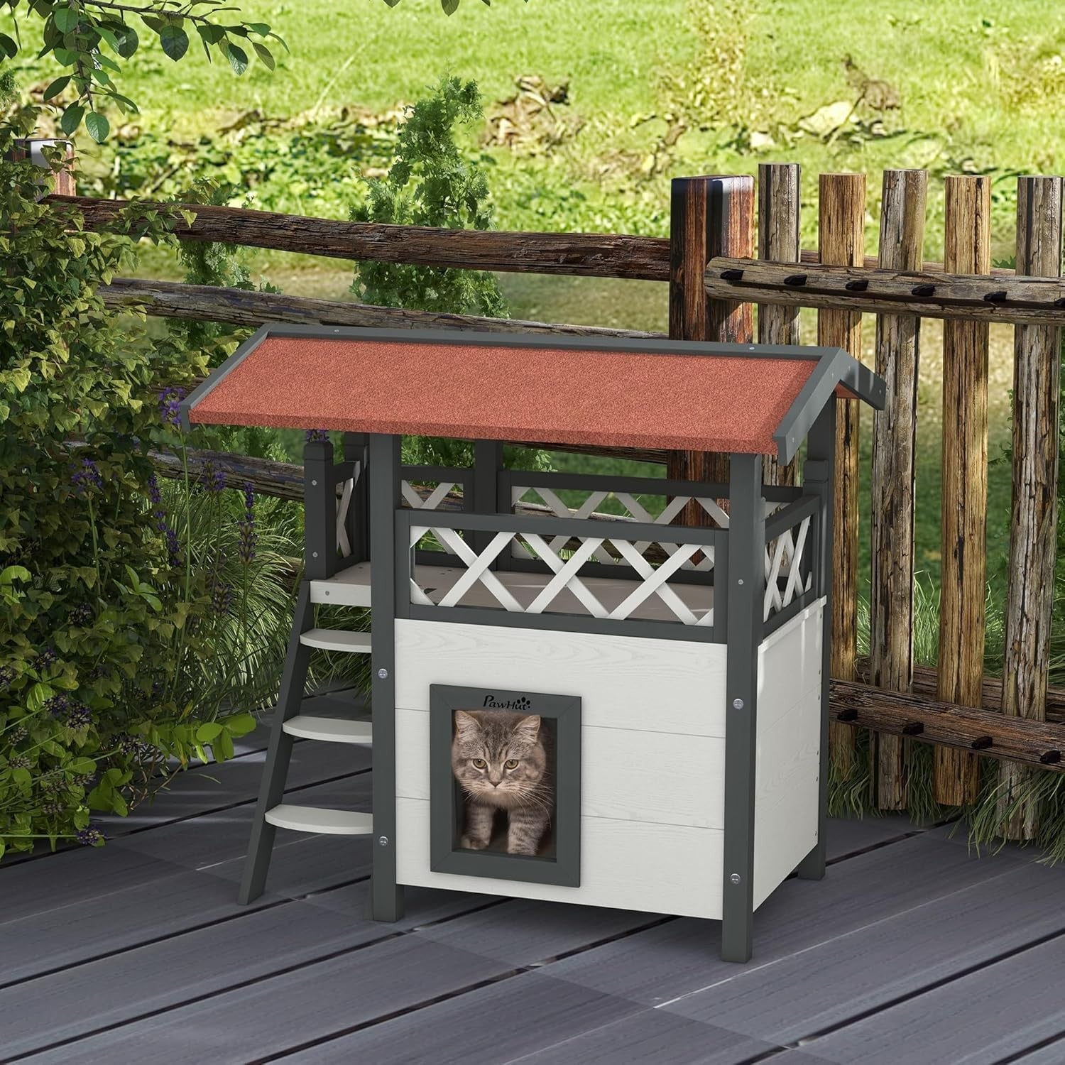 Outdoor Wooden Cat House with Balcony & Asphalt Roof, Weatherproof, White