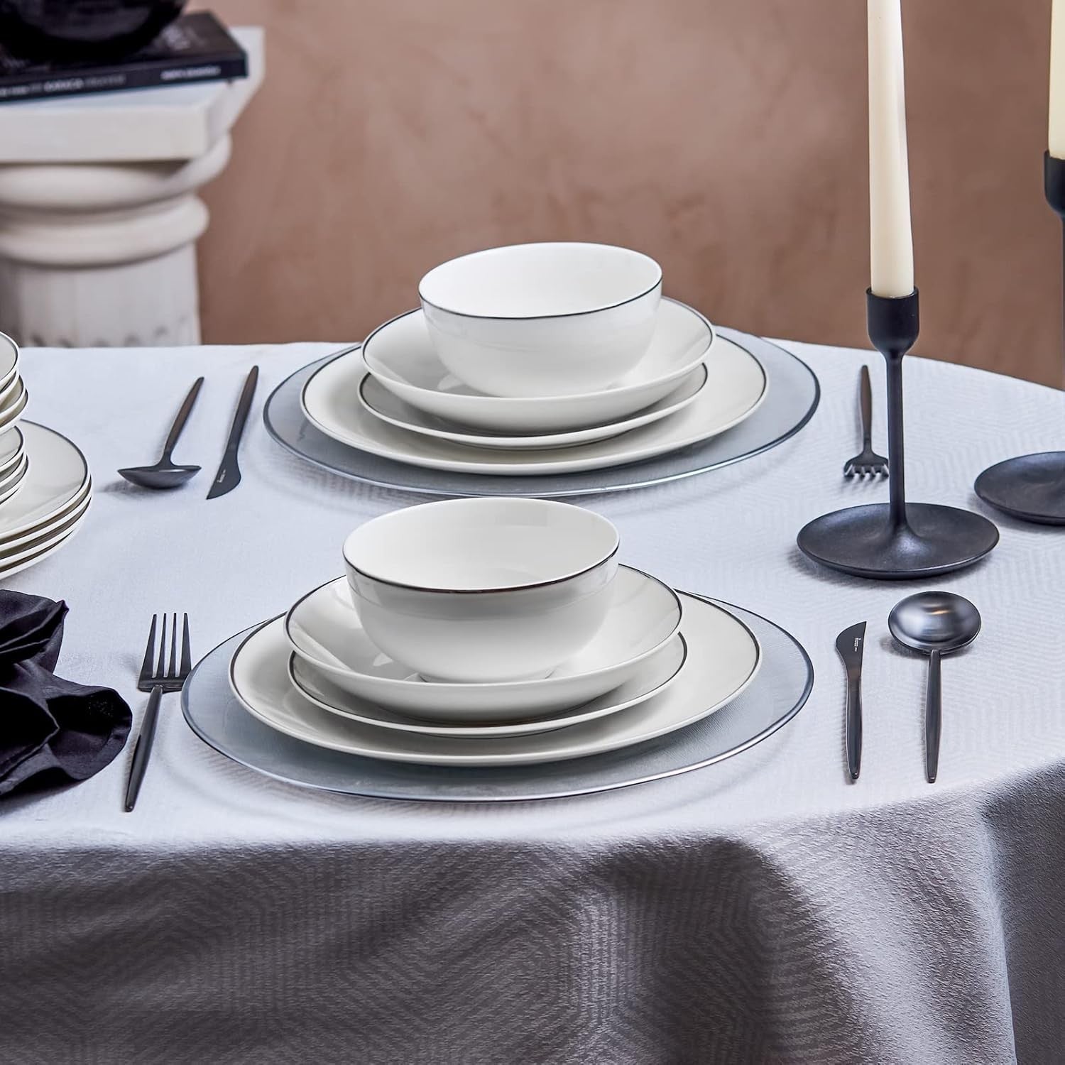 24 Piece Porcelain Dinner Set for 6 Plates Bowls Elegant White Tableware
