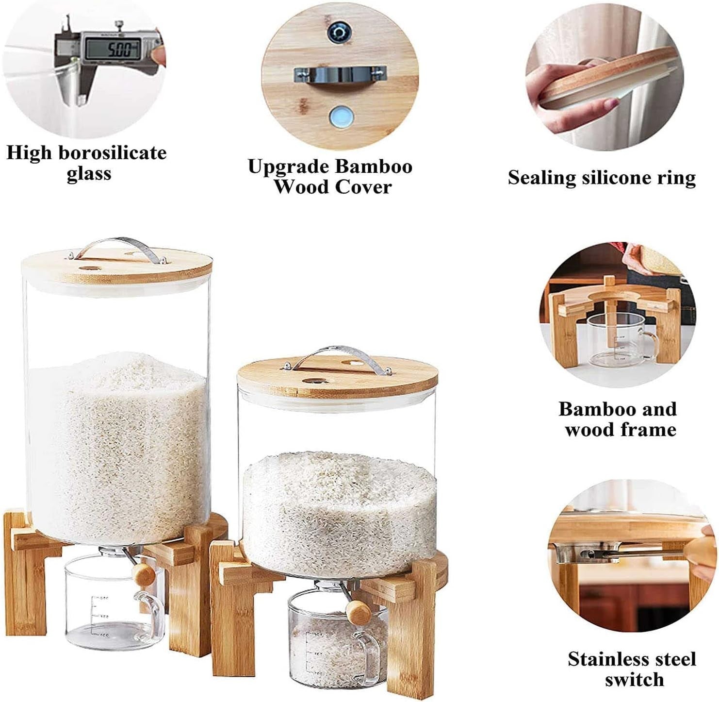 Glass Rice Dispenser 8L Airtight Storage Container Wooden Stand Bin