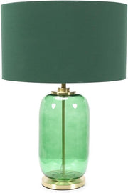 Forest Green Glass Table Lamp Gold Detail Drum Shade LED Bedside Light