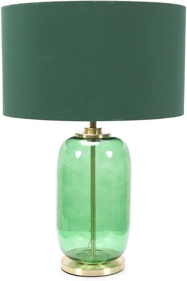 Forest Green Glass Table Lamp Gold Detail Drum Shade LED Bedside Light