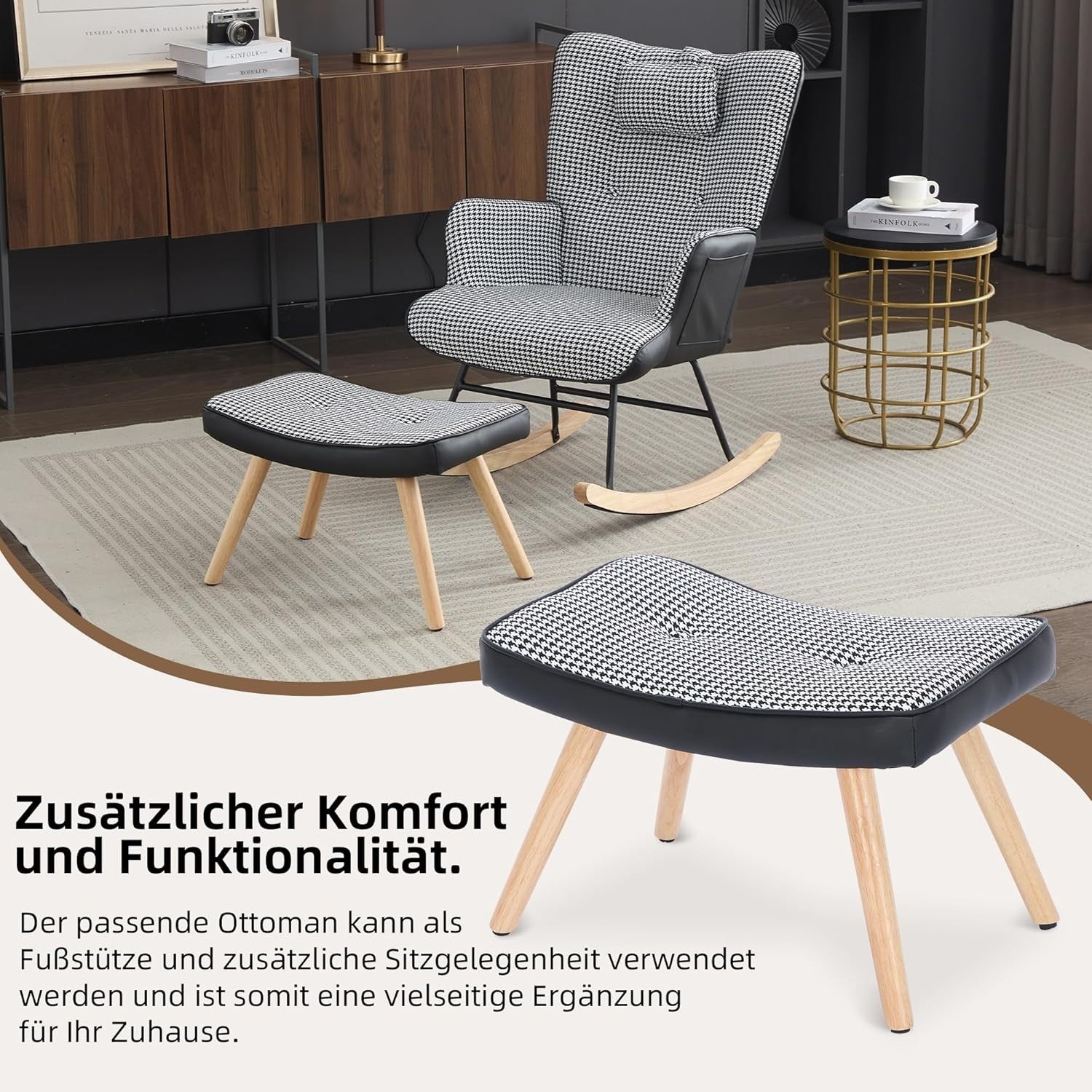 Modern Rocking Chair w/ Footstool, High Back, Side Pocket, Foam Seat