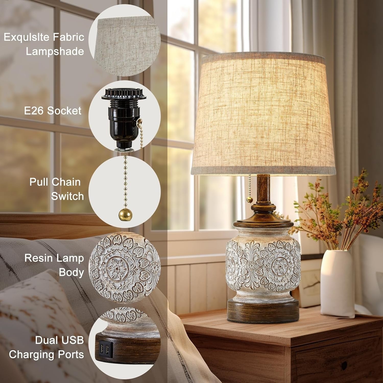 Farmhouse Rustic Table Lamps Set of 2 with USB Ports for Bedroom Living