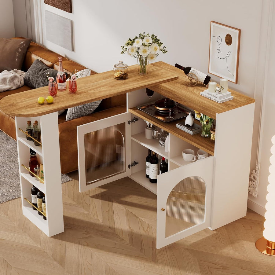 Extendable White Bar Table w/ LED Storage Cabinet Shelves 138×39×105cm Furniture