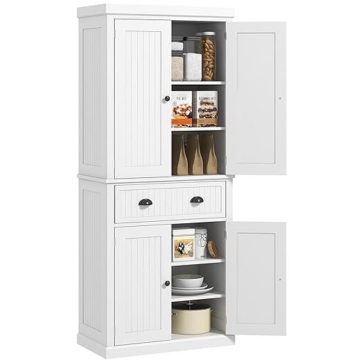 Tall White Kitchen Pantry Cupboard 4 Door Freestanding Cabinet with Drawer
