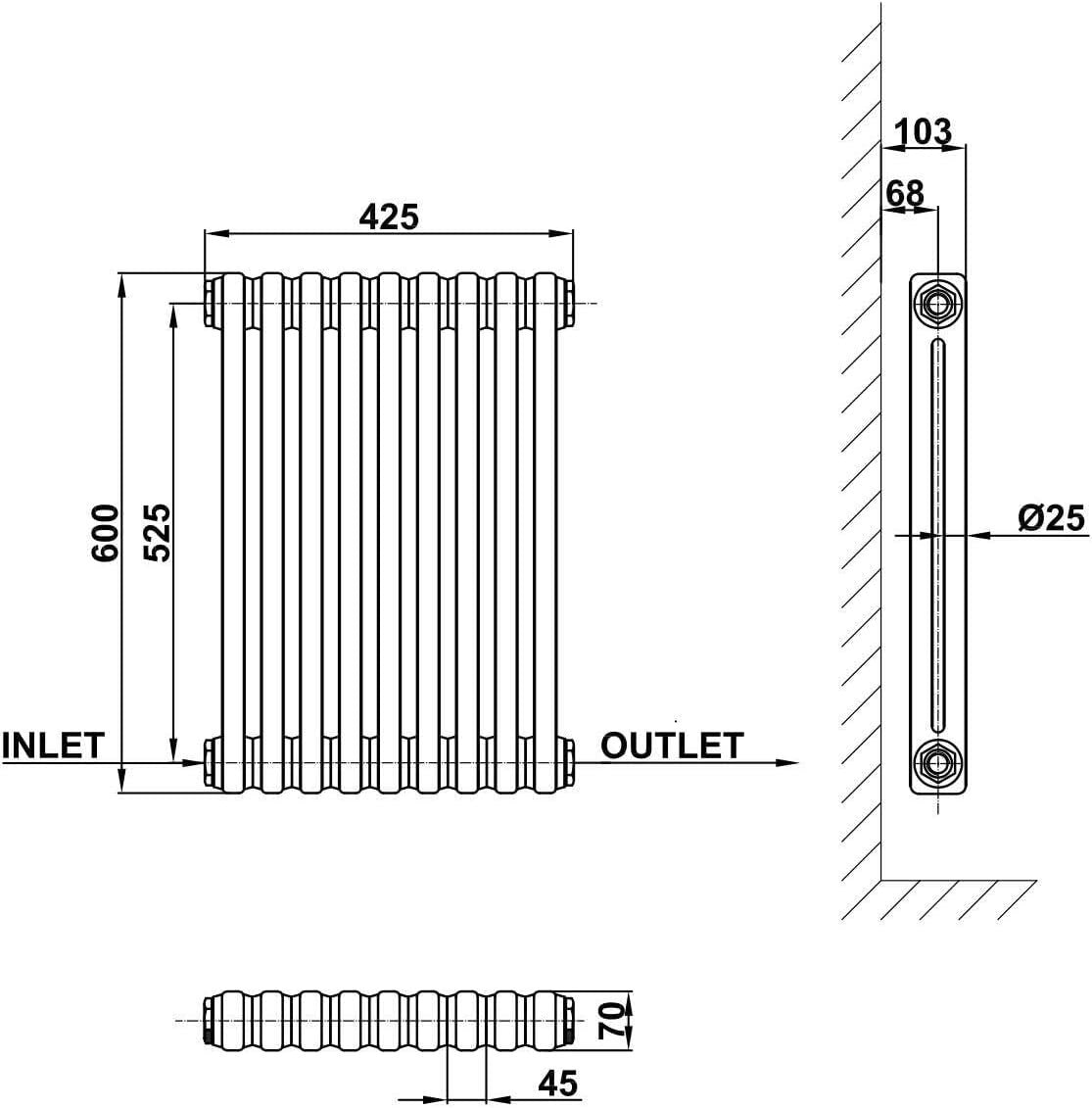 Anthracite 2 Column Designer Horizontal Radiator 600x425mm Modern Cast Iron