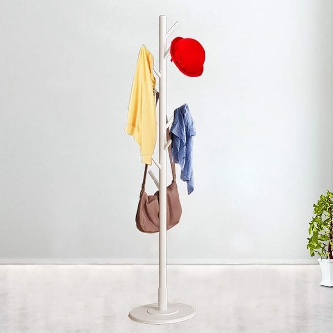 Wooden Standing Coat Rack Tree White Clothes Hanger Organizer for Home Hallway