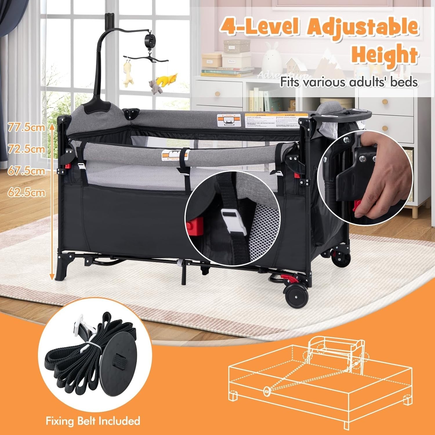 5in1 Baby Travel Cot Foldable Crib with Mattress Basket Changer & Storage Black