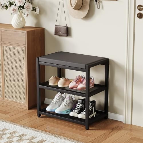 Black Shoe Bench with Cushion & Sturdy Metal Frame, Storage Rack Seat