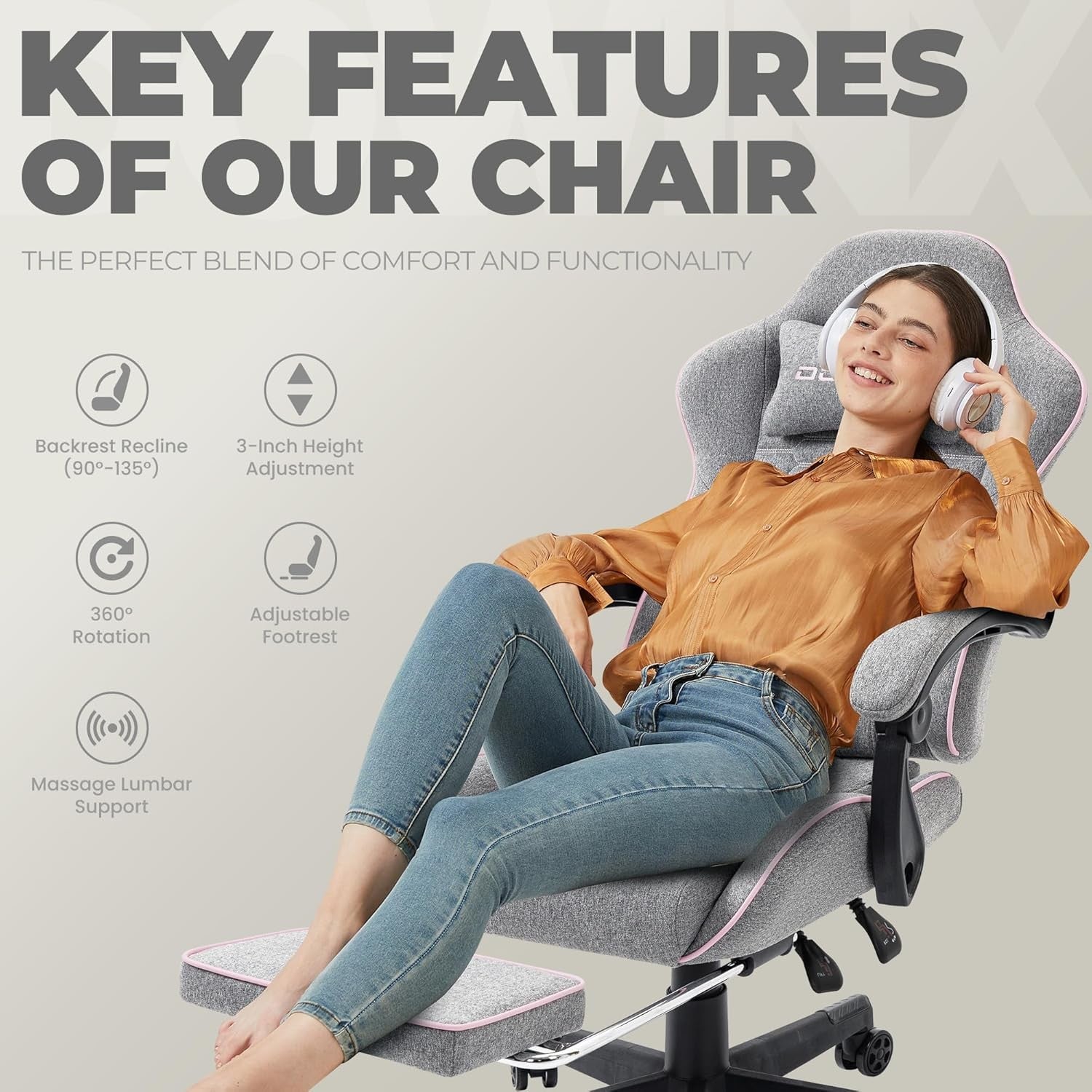 Ergonomic Gaming Chair with Footrest Massage 150kg Pink Grey