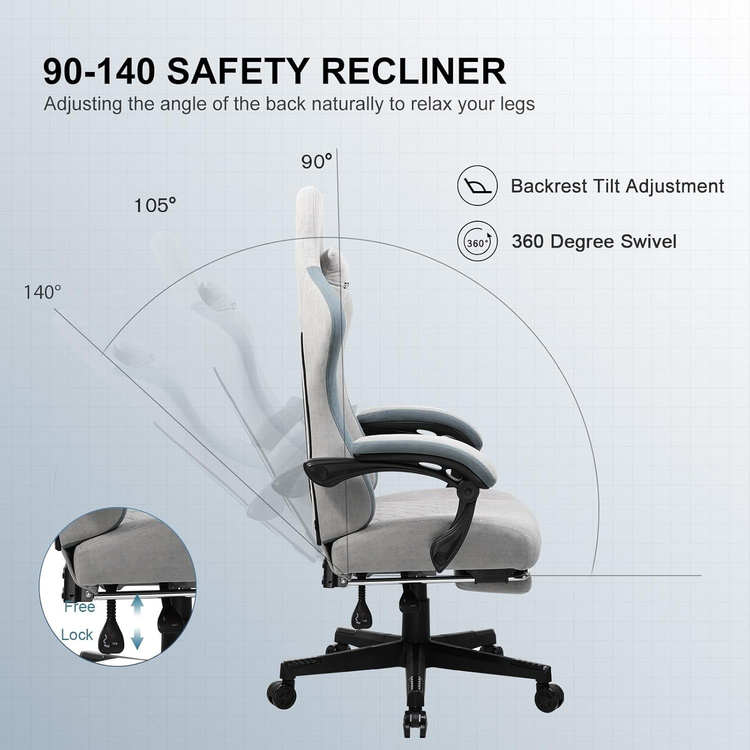 Fabric Gaming Chair with Footrest Ergonomic Recliner Lumbar