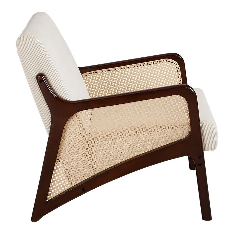 Beige Corduroy Accent Armchair Rattan Wood Lounge Chair Mid Century