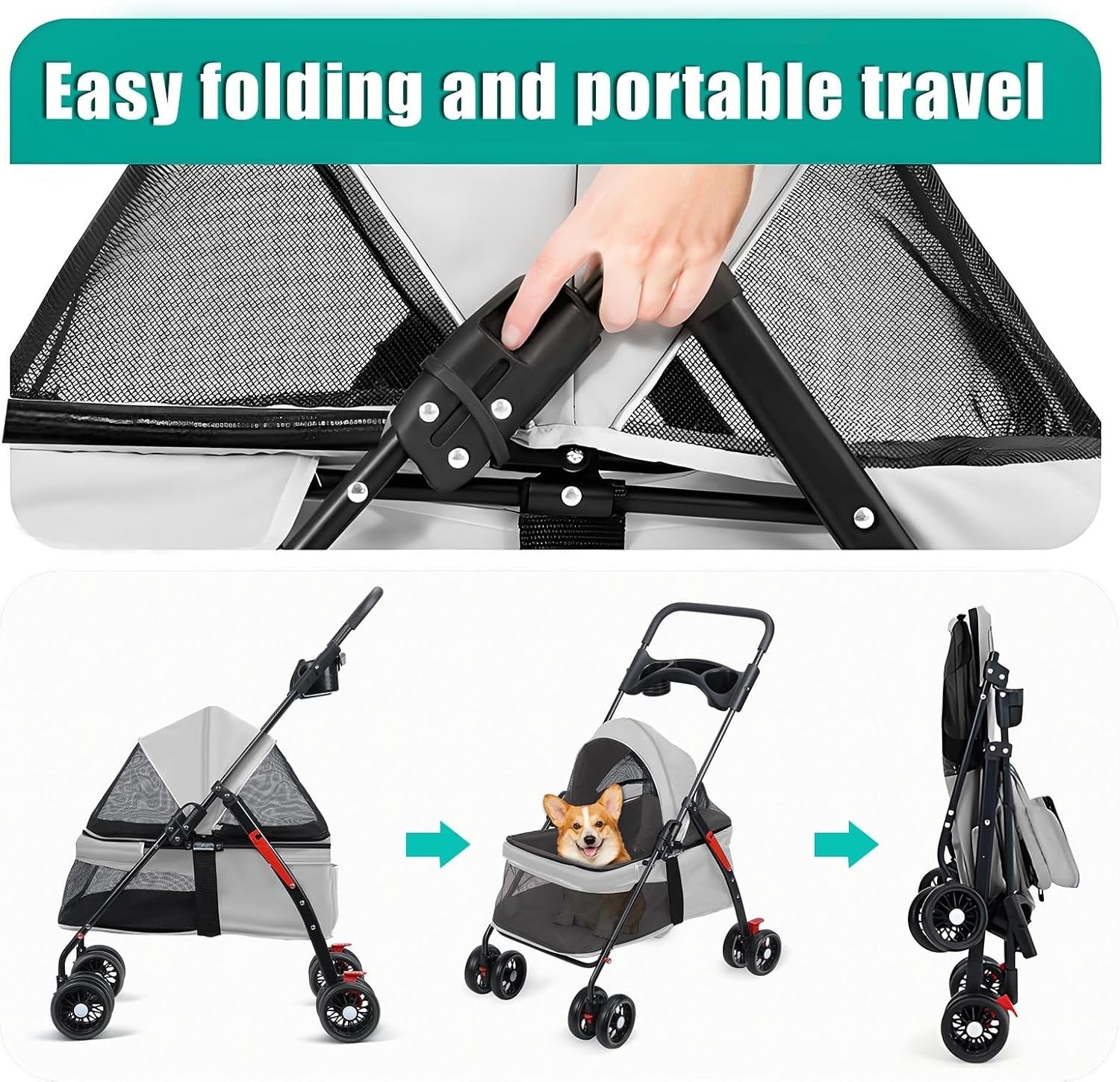Small Dog Stroller Folding Pet Buggy Breathable Mesh Wheels Travel Pram