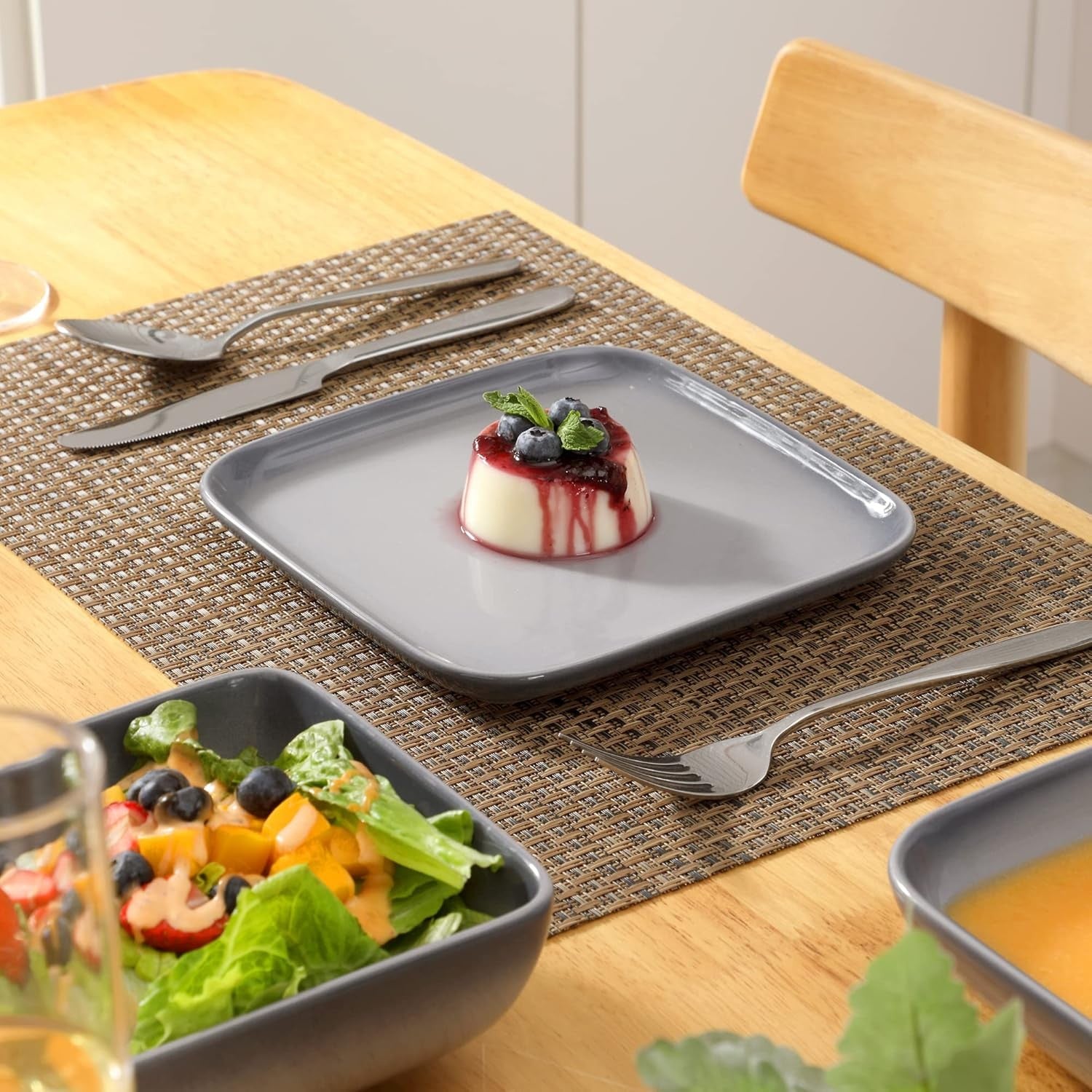 16pc Stoneware Dinner Set Square Plates Bowls Gradient Grey Modern