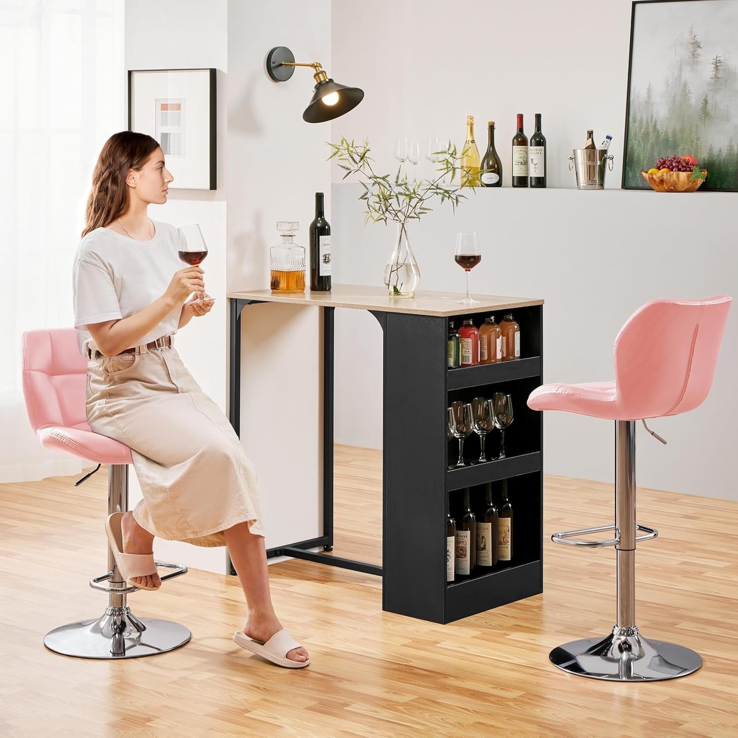 Adjustable Pink PU Leather Bar Stools Set of 2 – Swivel Counter Chairs