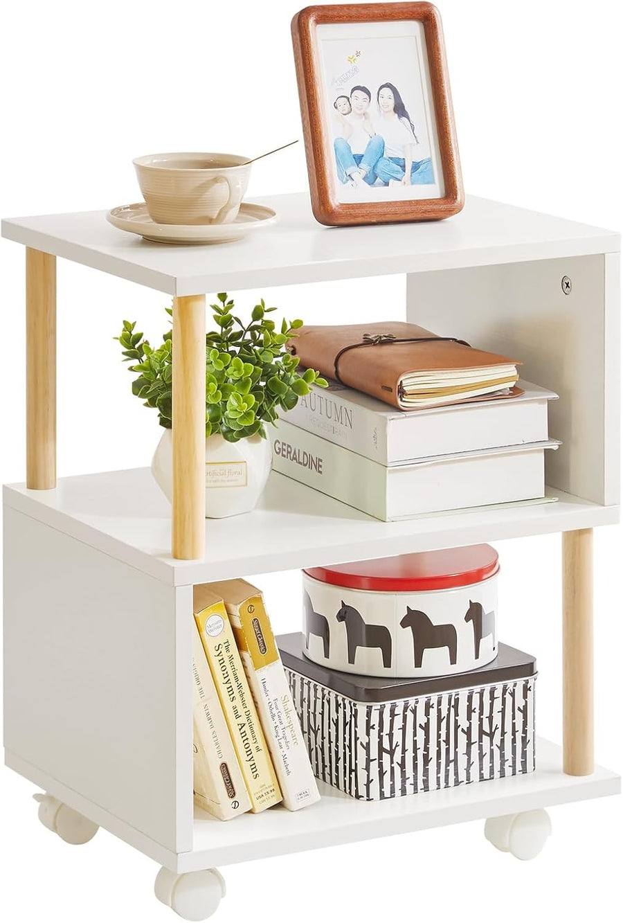 White 3-Tier Bedside Table with Wheels, Narrow Side Table for Small Spaces