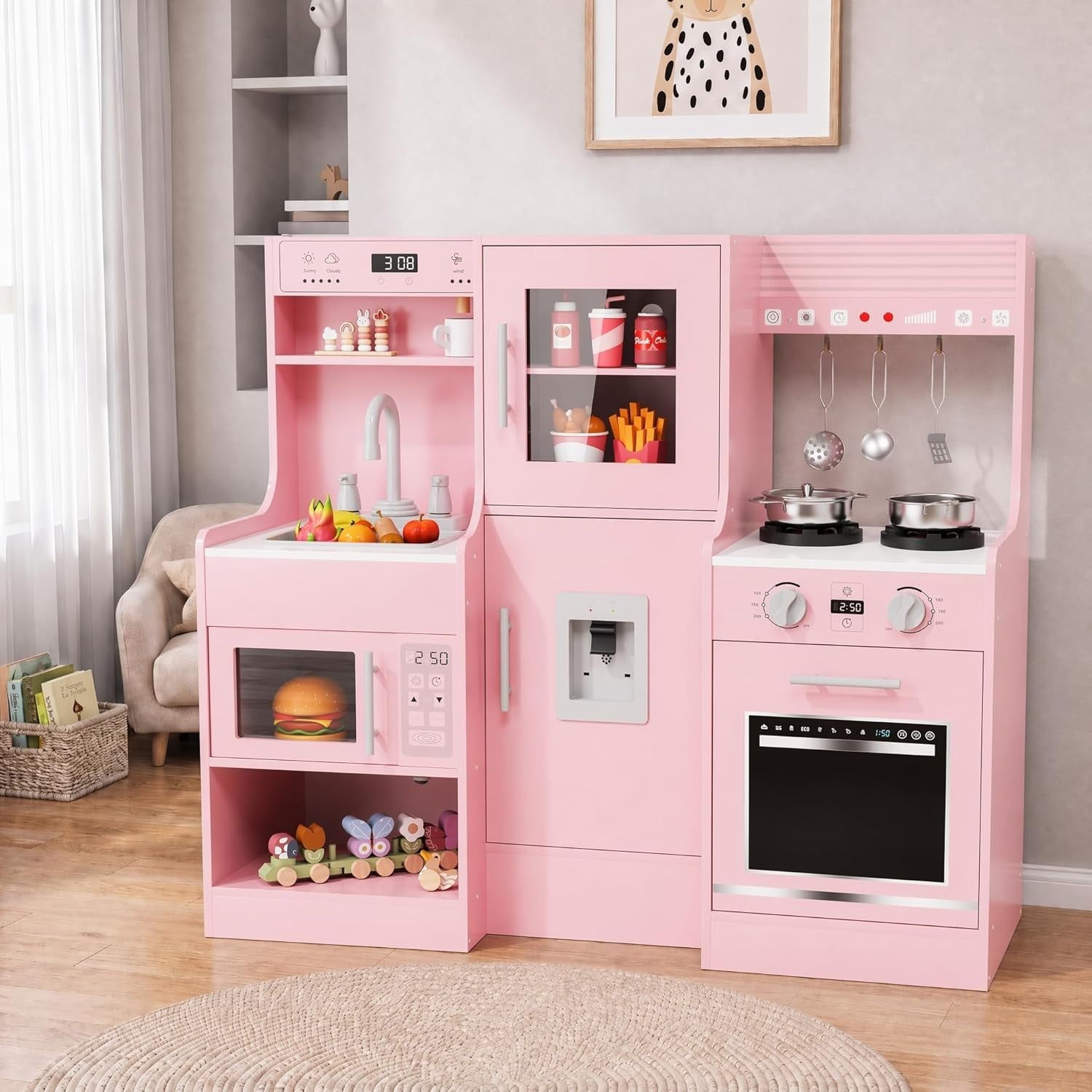 Large Wooden Kids Play Kitchen Pink Lights Sounds Toy Cooking Set