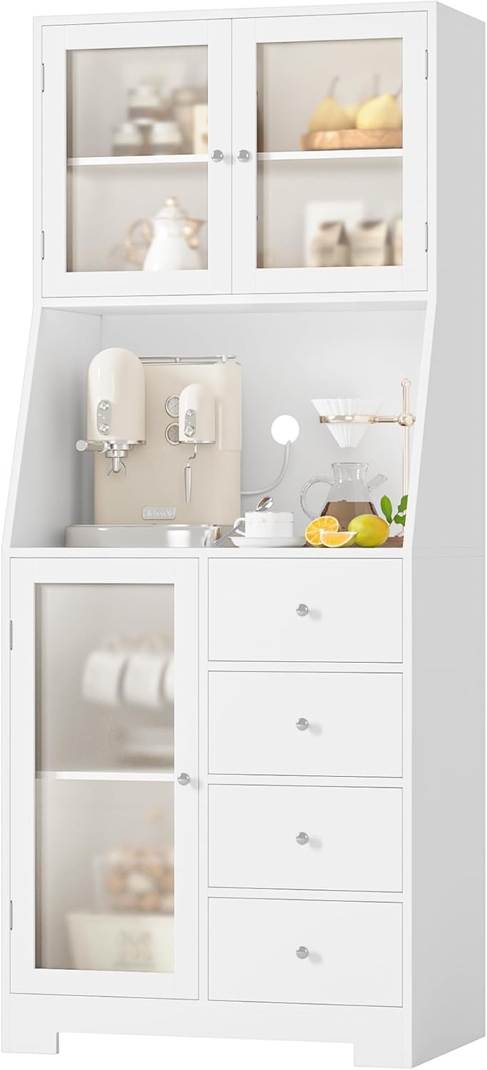 Tall Kitchen Cupboard White 3-Door 4-Drawer Storage Cabinet Modern