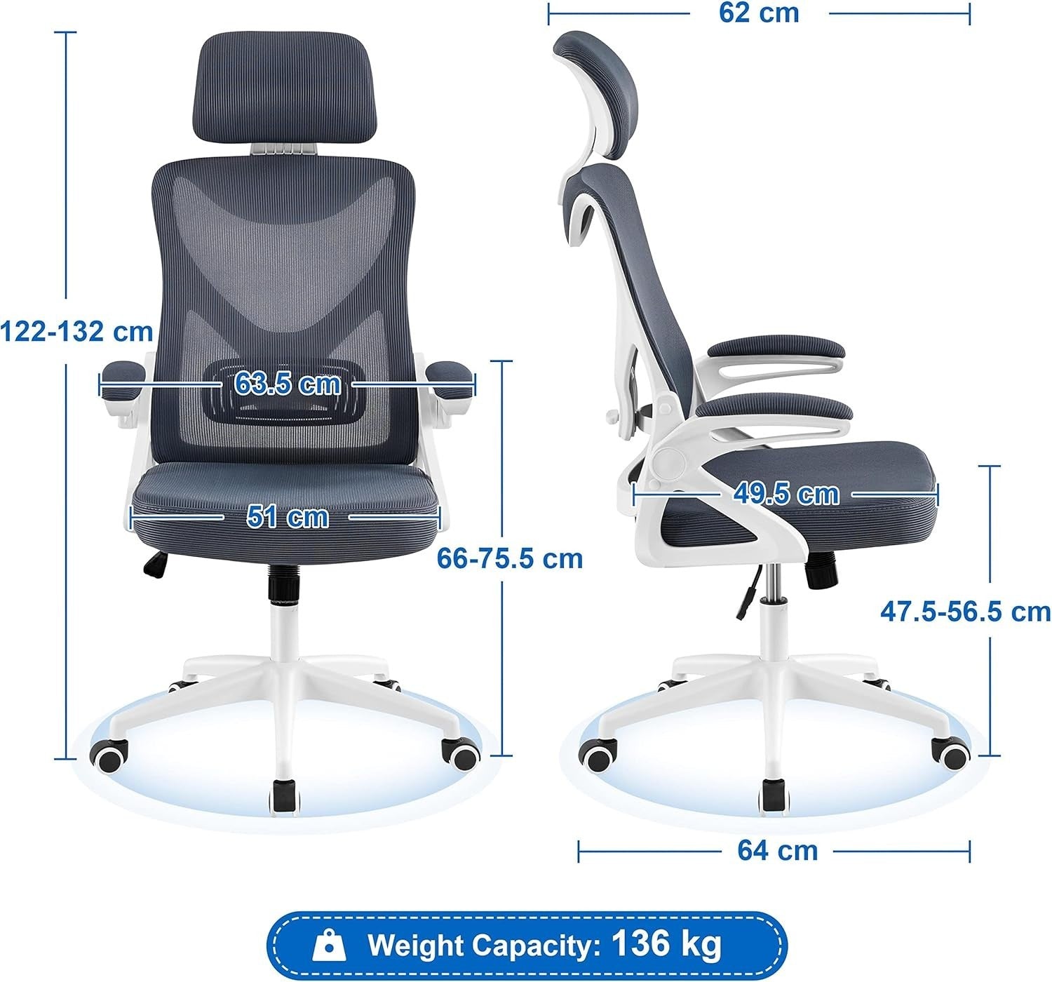 Ergonomic Mesh Office Desk Chair Adjustable Height Lumbar Flip-up Arms White/Gre