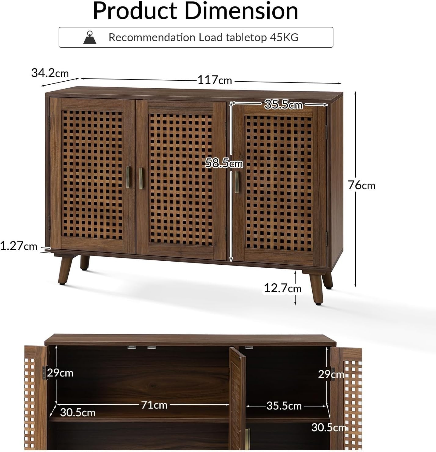 Modern Wood Sideboard Cabinet 3 Door Storage Buffet with Lattice Design
