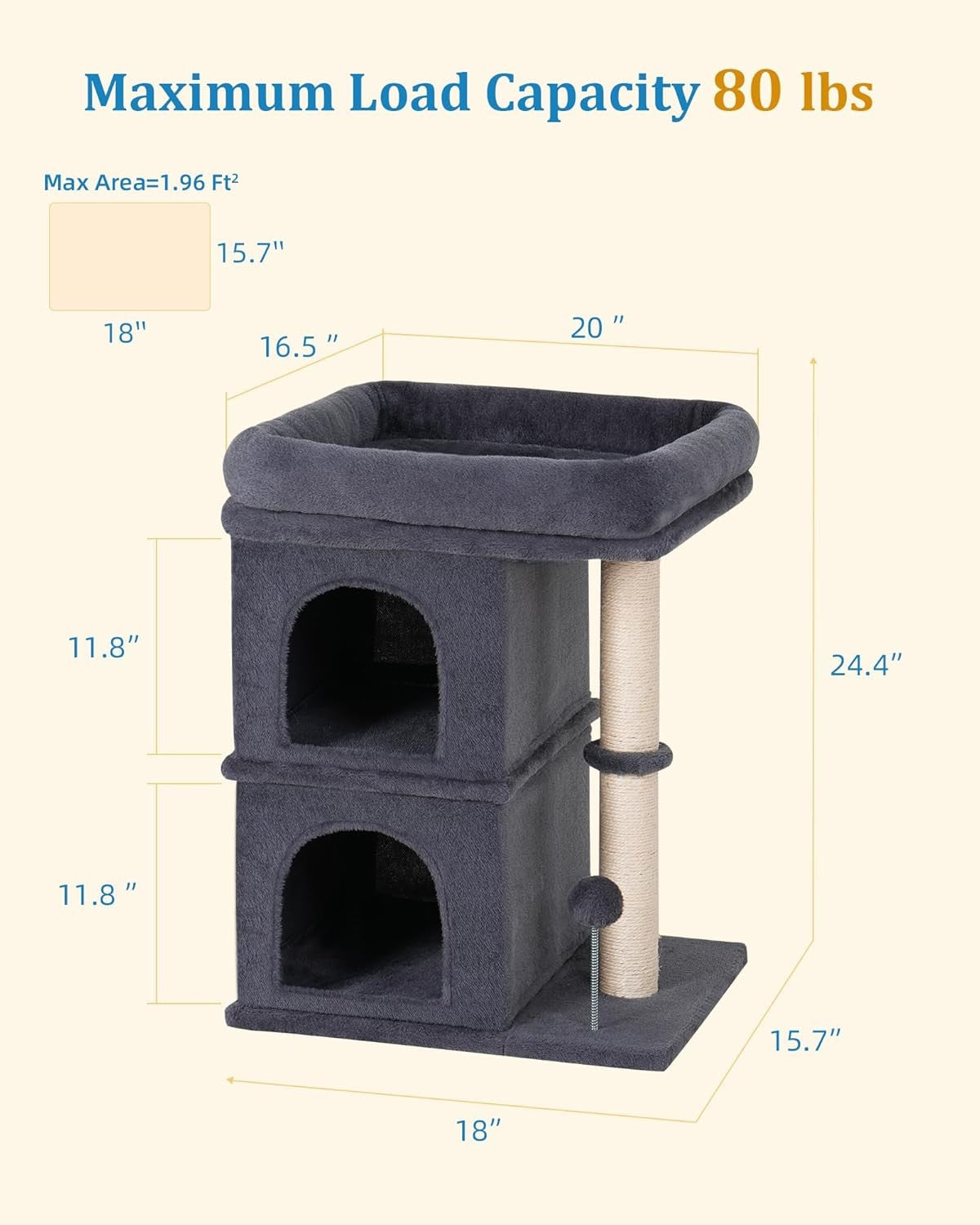 61cm Cat Tree Tower Condo with Large Perch Sisal Scratching Post