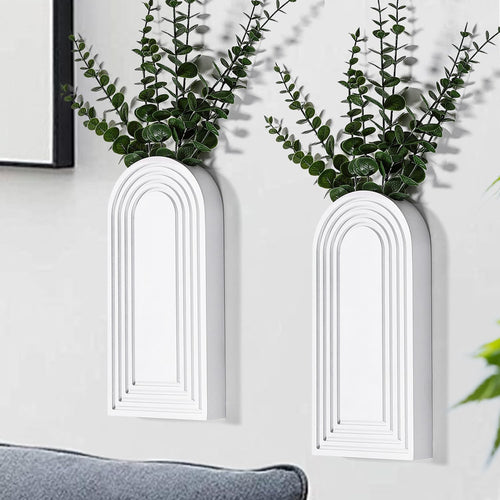 Modern Wall Wood Vase Set of 2 White Farmhouse Entryway Hanging Decor