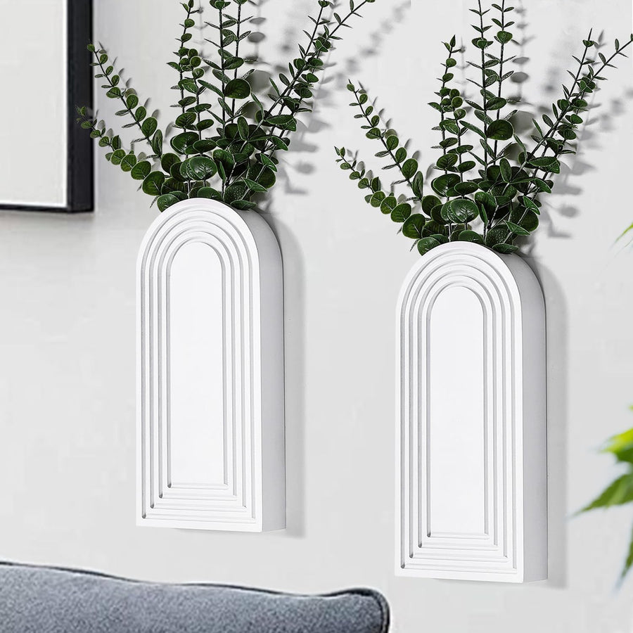 Modern Wall Wood Vase Set of 2 White Farmhouse Entryway Hanging Decor