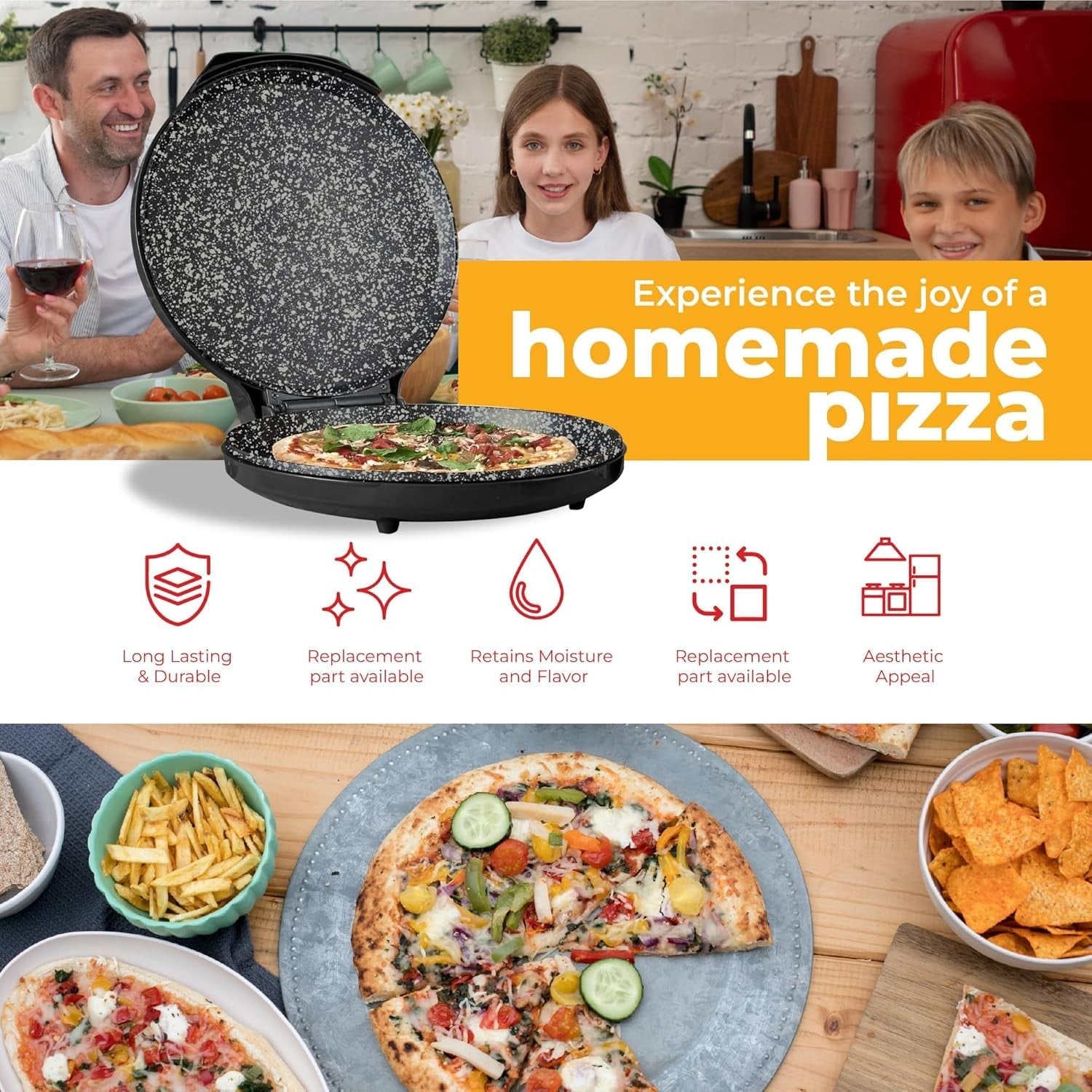 Electric Pizza Maker 1450W 12" Ceramic, Fast Bake, Non-Stick, Crusty Base