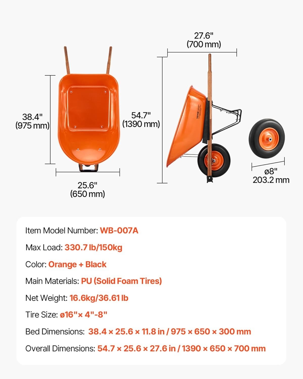 6 Cu Ft Orange Wheelbarrow – Metal Frame PU Tyre Heavy Duty for 150kg Loads