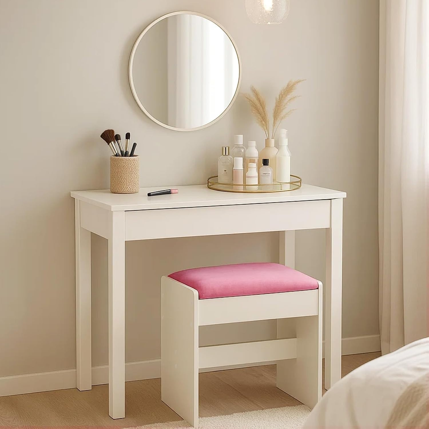 Pink Padded Vanity Stool – Simple PU Dressing Table Seat for Bedroom