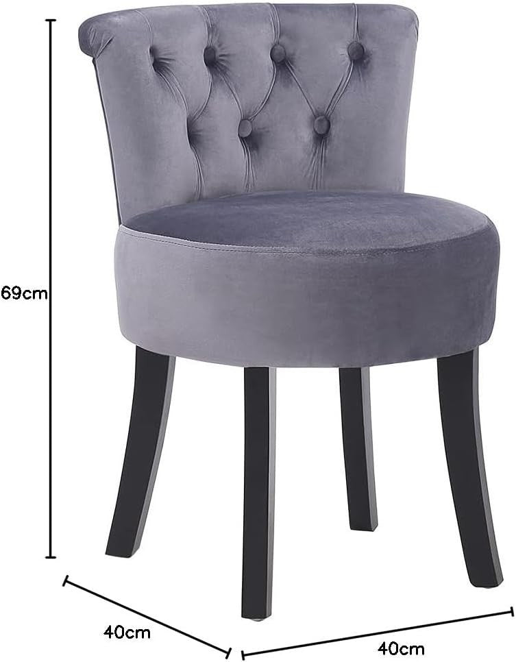 Grey Velvet High-Back Vanity Stool with Wooden Legs – Comfy Dressing Chair
