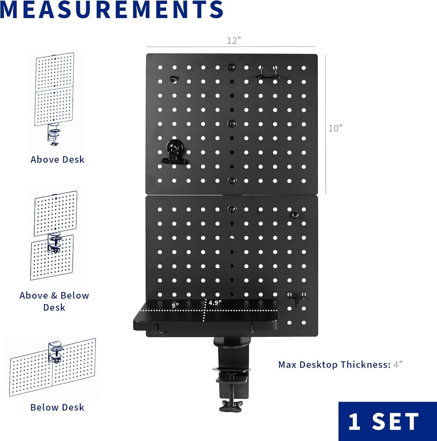 Clamp-On Steel Desk Pegboard 30×51cm Magnetic Organizer Panel Black
