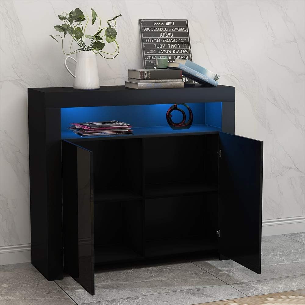 High Gloss Black Storage Sideboard with LED Lights | Modern Living Room Cupboard